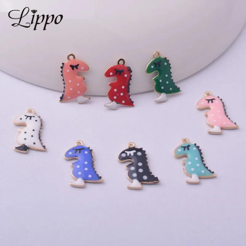 20pcs  9*14.5mm Both Side Enamelled Cute Gold Color Copper Dinosaur Bracelet Charms Animal Pendant  Diy Jewelry Accessories