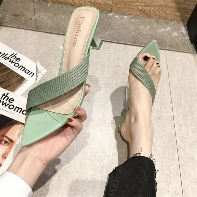 2023 Summer Women Yellow Green Beige Pumps Sandals For Ladies Sexy Mules High Heels Slip-on Slippers Slides Shoes Solid