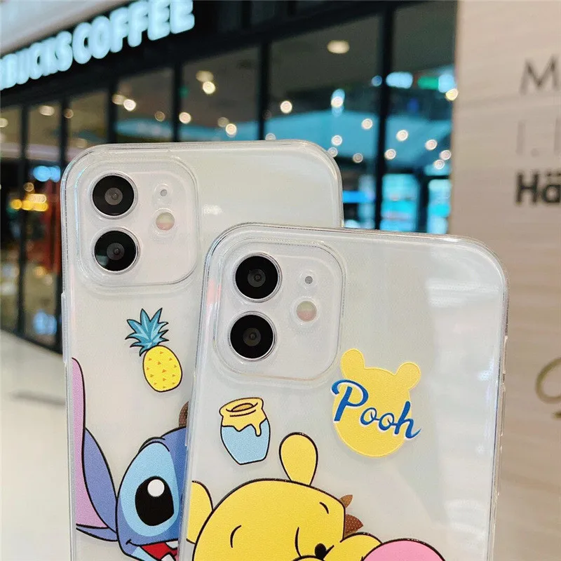 Capa de telefone preta de silicone da Disney Winnie The Pooh Stitch, capa para Apple iPhone 12 Mini 11 Pro XS MAX XR X 8 7 6S 6 Plus 5S SE