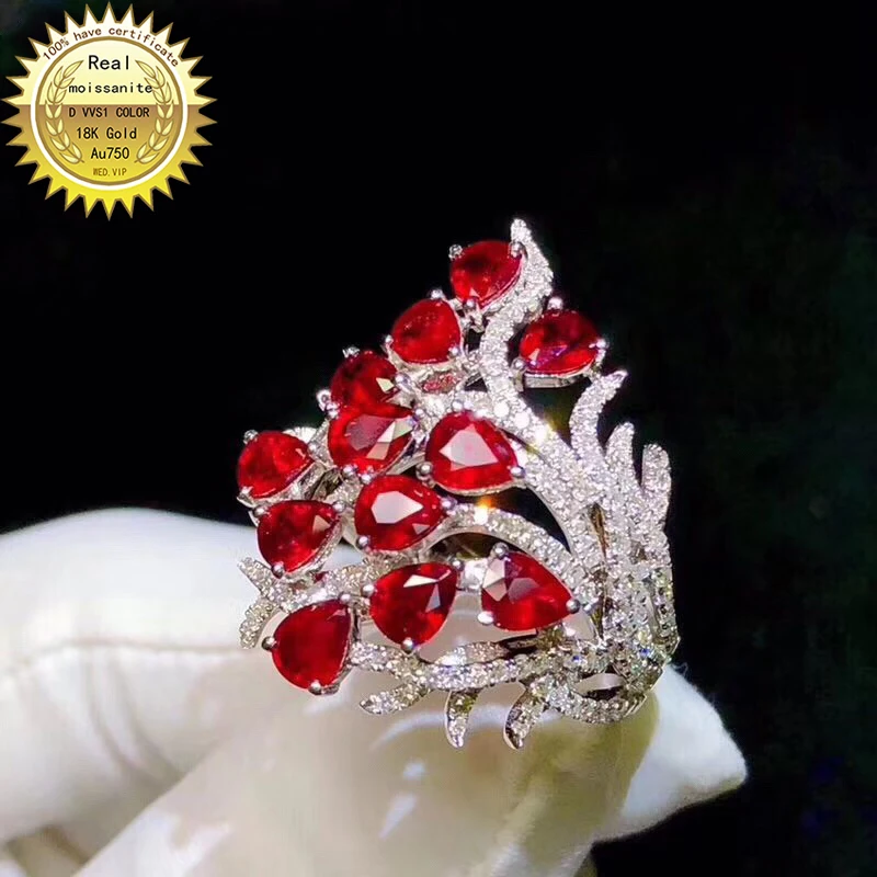 

9K Gold ring Lab Created 2.4ct Ruby and Moissanite Diamond Ring With national certificate Ru-012