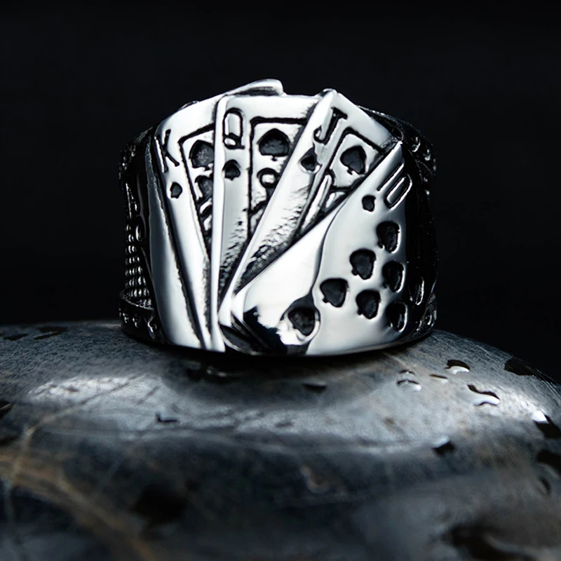 Stainless Steel Fortune Straight Flush Poker Finger Ring for Men Women God of Gambling Luck Signet Rings