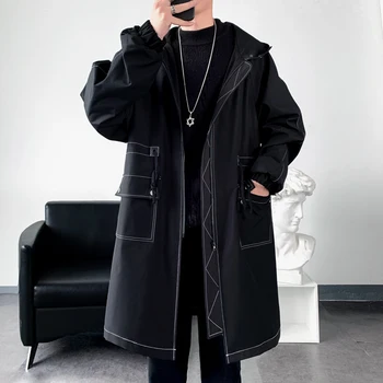 Men's Korean-Style Fleece-Lined Long Trench Coat 5 Autumn Men Korean Style Trench Men Fashion Solid Color Casual Long Coat Male Streetwear Loose Windbreaker Men Fleece Overcoat 5