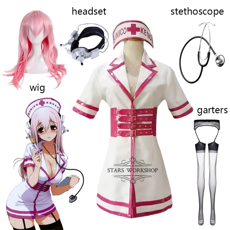 SONICO KENCO SuperSonico Nurse Cosplay Costume Sexy Nurse Uniform Women White Pink Dress Mini Skirt Halloween Carnival Suit