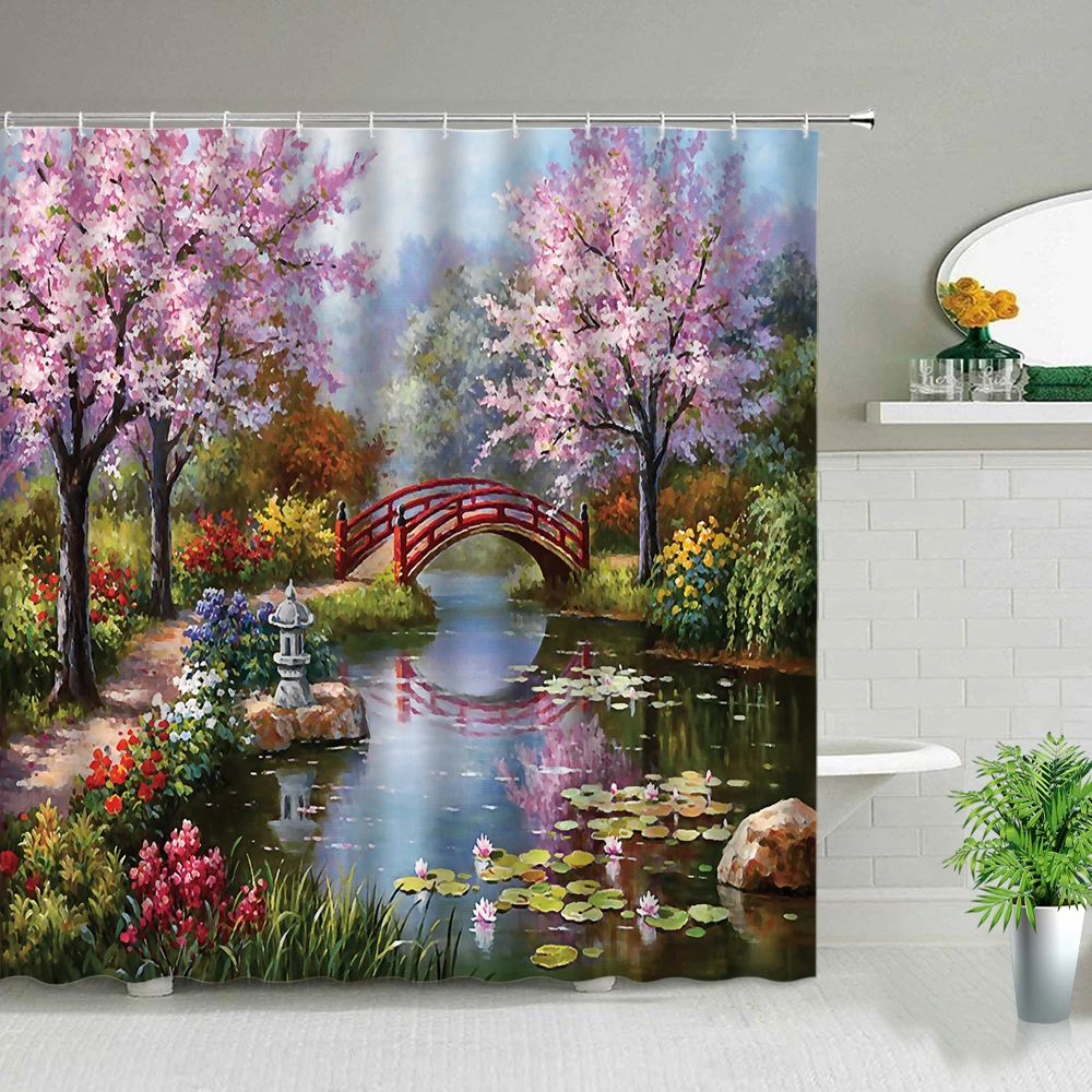 3d Nordic Italy Street Alley Shower Curtain Garden Flowers Scenery Retro Design Cloth Curtains Waterproof Home Bathroom Decor