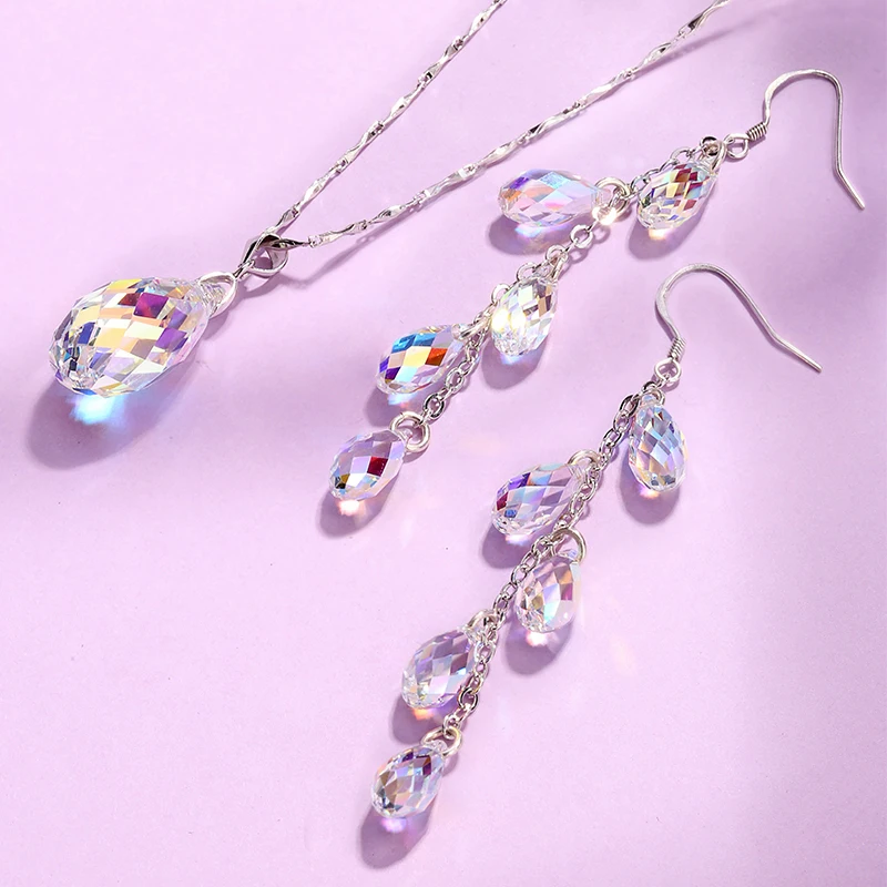 Luxury Tassel Jewelry Sets Crystals from Austria Drop Pendant Necklace Long Dangle Earrings Colorful Beads for Women Wedding