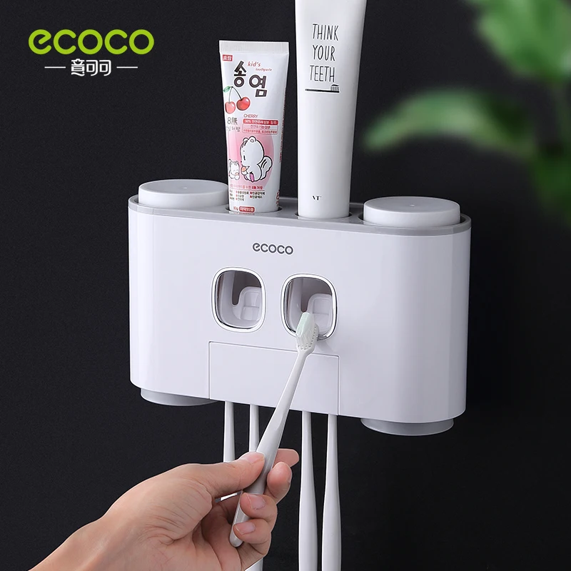 ECOCO Automatic Toothpaste Extrusion Bathroom Accessories Receptacle With 4 Cups Dustproof Toothbrush Holder Wall-Mounted