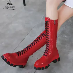 Sgesvier 2020 New arrival brand boots women lace up round toe platform knee high boots fashion solid color womens boots female