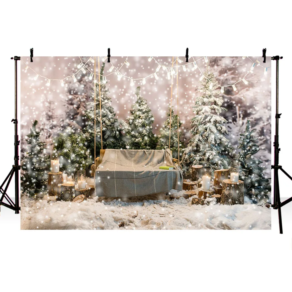 Avezano-Fondo navideño de invierno para fotografía, accesorios de estudio fotográfico con copos de nieve, Bokeh, pino, columpio, retrato de niño