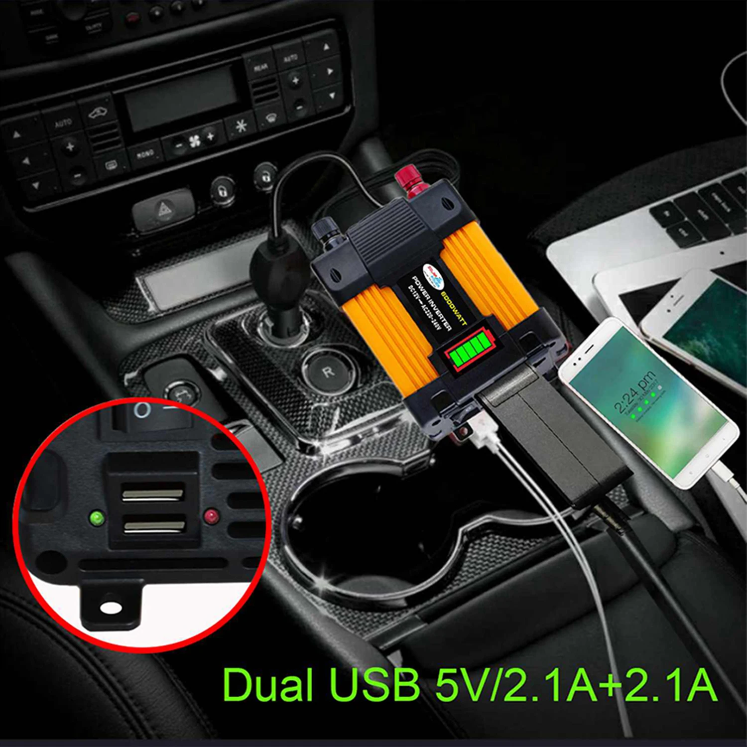 Car Power Charger Inverter Sine Wave 4000W/6000W DC 12V to AC 110V/220V with 2.1A Dual USB Port LED Battery Capacity Display