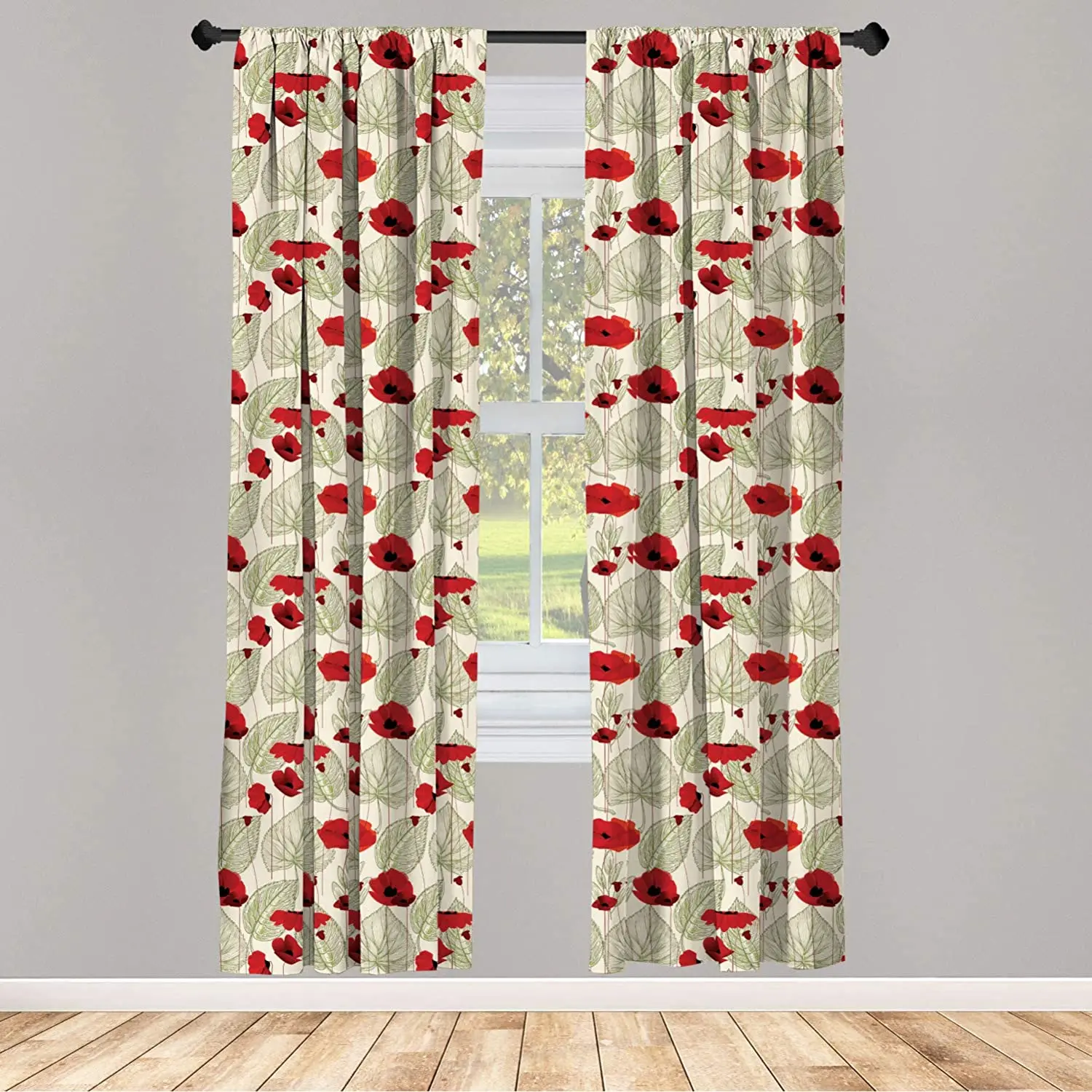 Poppy Window Curtains Sketchy Tree Leaves with Rural Floral Growth Botany Nature Art Lightweight Decorative