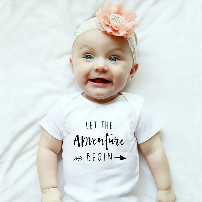 Newborn Baby Clothes Short Sleeve Girl Boy Clothing Let The Adventure Begin Design Cotton Costumes White Baby Bodysuit Romper