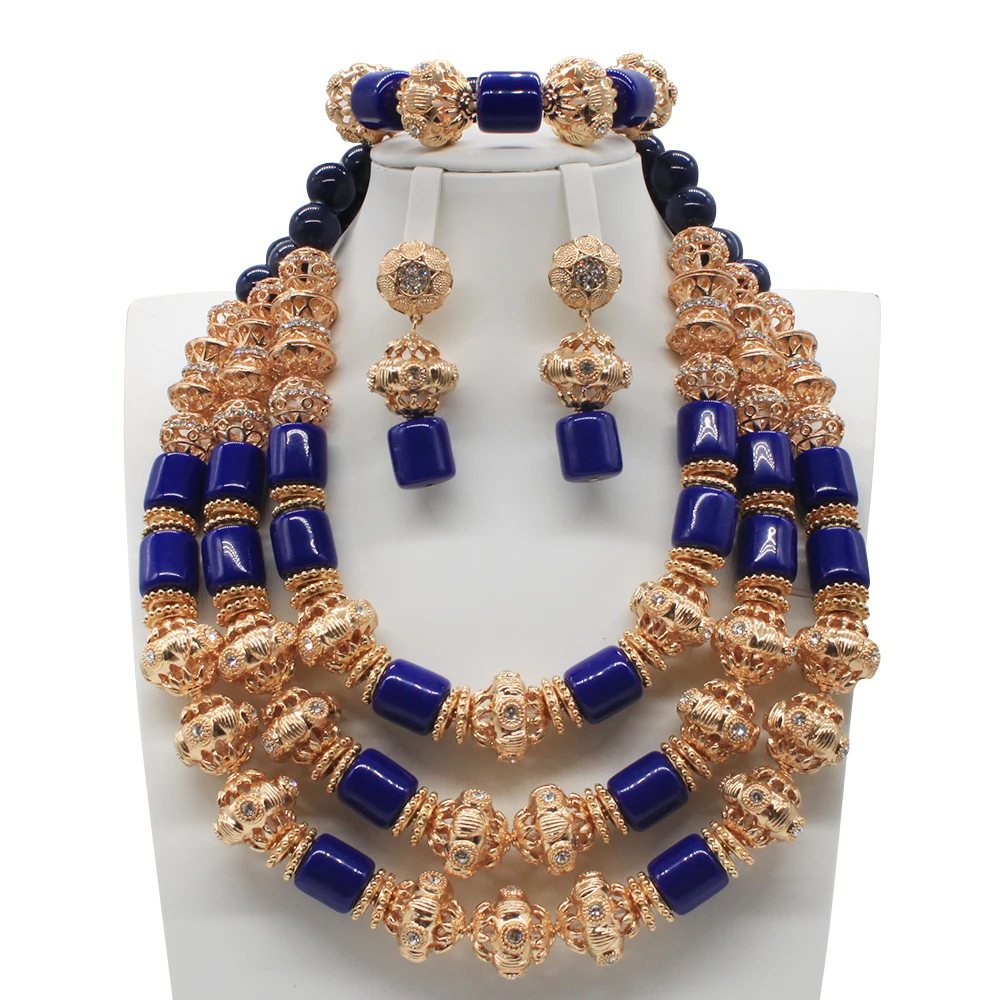 

Real Coral Beads 3 Layers Blue Costume Necklace African Bridal Jewelry Set Dubai Gold Nigerian Wedding Necklace Set ABG7