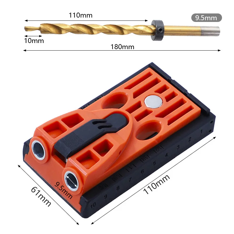 Maschera per fori tascabili regolabile per giunti in legno da 9.5mm punte per trapano con localizzatore di fori obliqui guida per trapano in plastica ABS strumenti per la lavorazione del legno