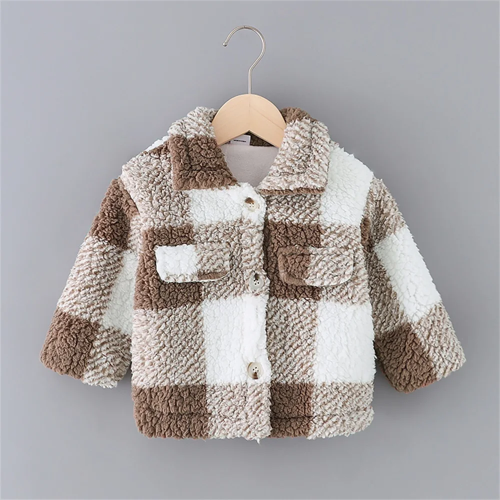 PatPat Toddler Girl / Boy Coat Outwear Plaid Lapel Collar Button Design Coat Khaki Plaid Fluffy Baby Lapel Long-sleeve Jumpsuit