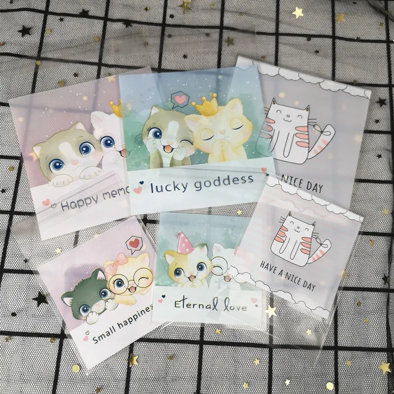 100pcs 10x10cm Cute Cat Cartoon Gifts Bags Cookie Packaging Self-adhesive Plastic Bags For Biscuits Candy Food Cake Package