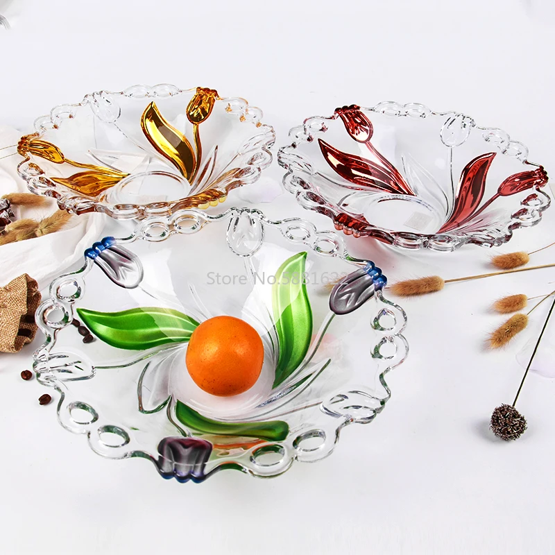 Crystal Glass Fruit Plate Golden Tulip Flower  Bowl Fashion Creative Living Room Bar Snack Dried  Plates