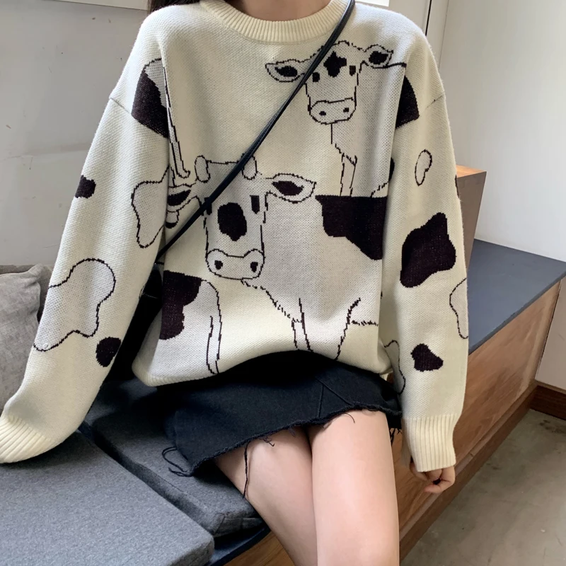 Vintage Casual Loose Lazy Cow Sweater Female Korean Harajuku Women\'s Sweaters Japanese Kawaii Cute Ulzzang Clothing For Women