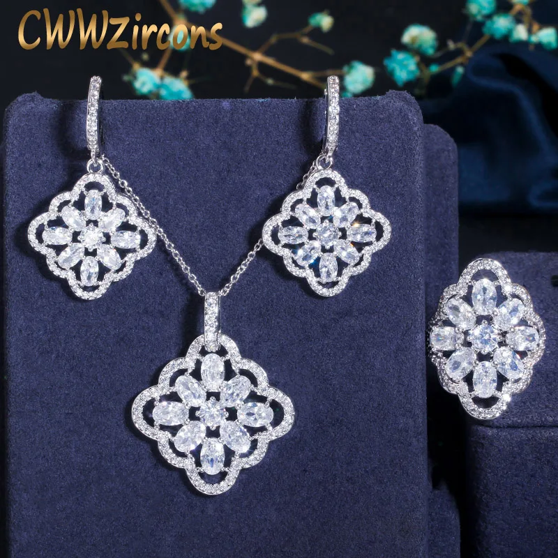 CWWZircons Sparkling White Cubic Zirconia Elegant Women Ring Earrings and Necklace Jewelry Sets for Party Bridesmaid Gift T432