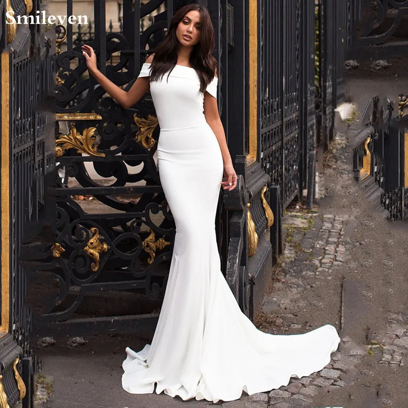 Smileven – robe De mariée sirène en Satin, épaules dénudées, longue, avec traîne et balayage