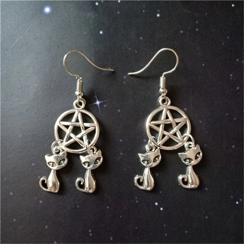 Cute Cat Earrings, Antique Silver Color Pentagram Earrings, Women Earrings, Wicca Jewellery , Pagan Jewelry,Pet Lovers