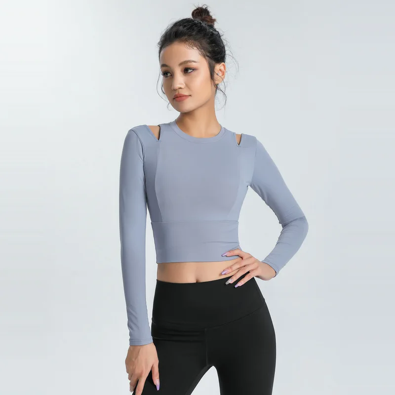 Antibom Yoga Shirts Women Long Sleeve Hollow Sports Crop Top Quick Dry Training Gym Solid Color Slim T-Shirt