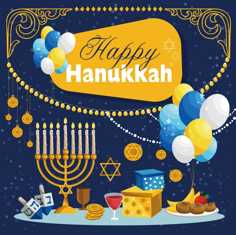 Happy Hanukkah เทศกาลฉากหลังโปสเตอร์ของขวัญขนมหวานไวน์เทียนชาวยิวปีใหม่ Decor พื้นหลังการถ่ายภาพ