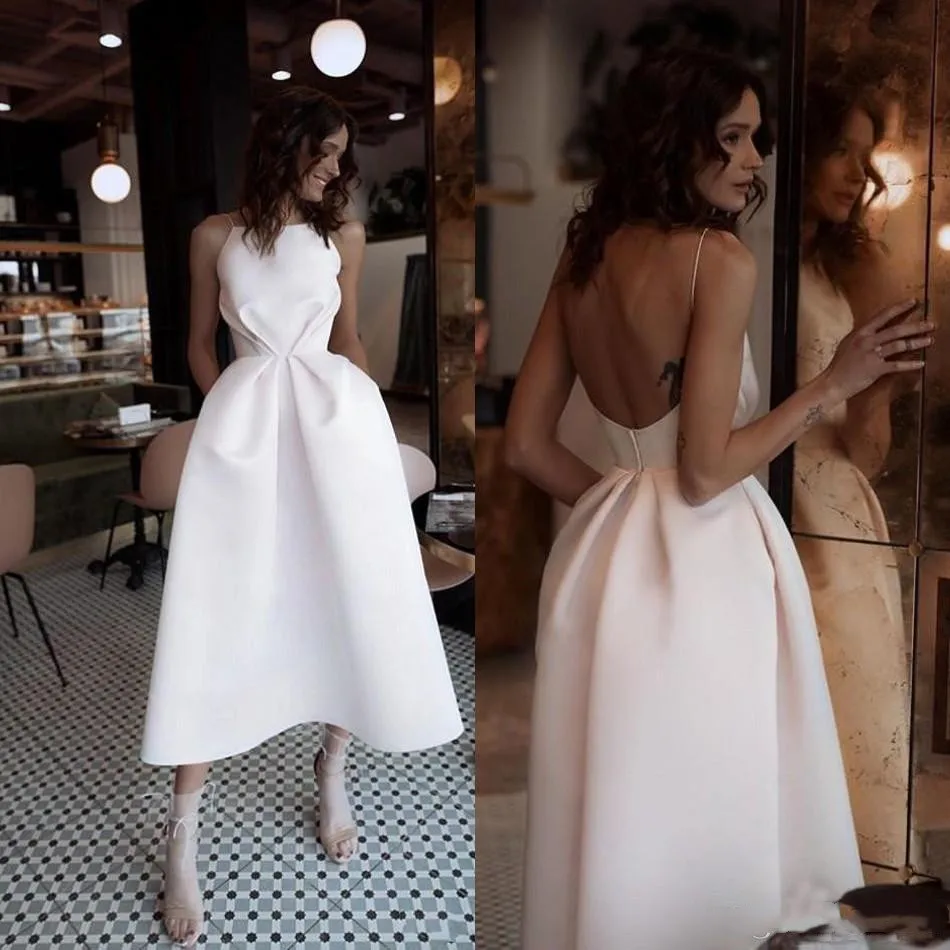 Tea Length Satin A Line wedding guest dress Prom Dresses 2019 cheap Elegant Spaghetti Straps Bridal Gown bridesmaid dresses