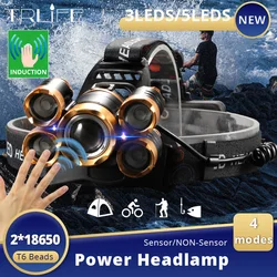 80000LM Sensor LED Headlamp Fishing Headlight 5LED Lanterna T6 Head Torch Lamp Flashlight Waterproof Camping Light By 2x 18650