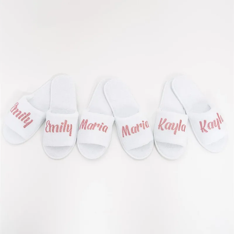 5 Pairs Personalize Glitter Names Bridesmaid Slippers Wedding gifts Custom Bride White Open toe slippers, Maid of Honor Gifts