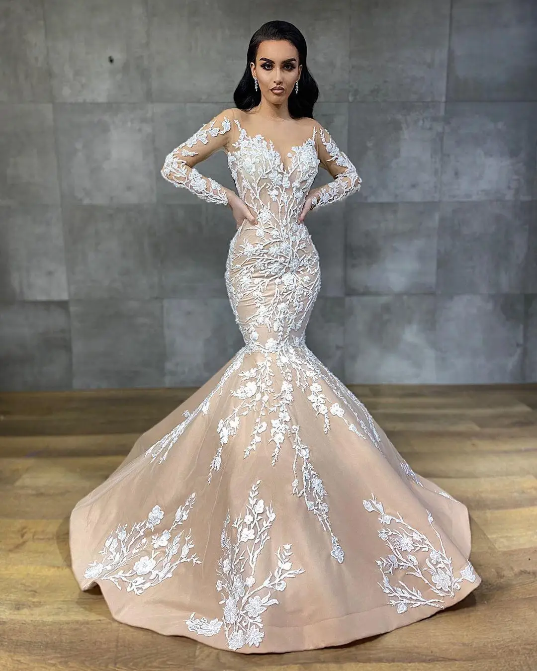 Robe de mariée sirène à manches longues, Vintage, Champagne, avec des Appliques en dentelle ivoire, perlée, Aso Ebi, arabe, 2022