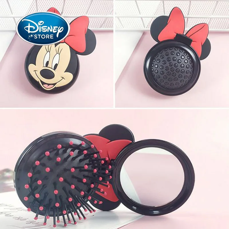 Disney Minnie Mouse Round Folding Comb Mirror Combination Children Girl Cartoon Portable Makeup Mirror Massage Air Cushion Comb