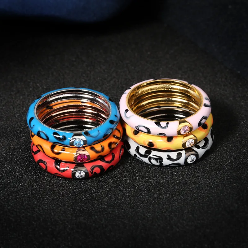 925 Silver Enamel Epoxy Simple Multicolor Rings Leopard Print Honey Butterfly For Ladies Wedding Party Engagement Jewelry