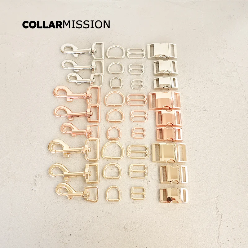 

100pcs/lot(metal buckle+adjust buckle+D ring+metal dog clasp/set) 15, 20, 25mm plated metal buckle diy dog collar parts 3 colour