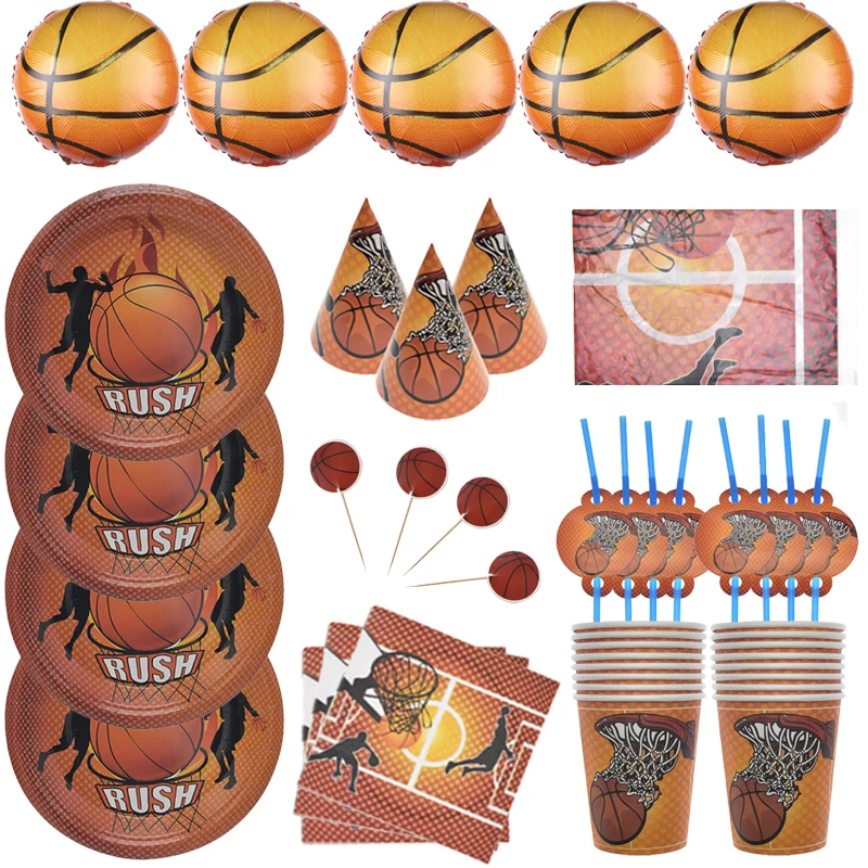 Peralatan Makan Sekali Pakai Klub Basket Set Cangkir Piring Serbet Dekorasi Balon Pesta Ulang Tahun Penggemar Basket Anak Laki-laki Olahraga