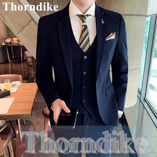 

Thorndike Men Suit Set Formal Customized Suit 3pcs Jacket & Vest & Pant Blazer Men's Clothing Navy Blue Groom Wedding Suit