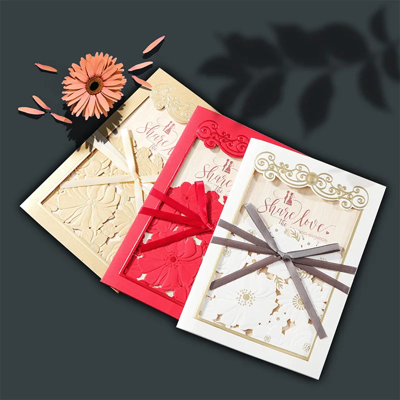 

50Pcs White Red Paper Invitation For Wedding Marriage Birthday Laser Cut Thank You Card With Envelope Ribbon Custom Printing