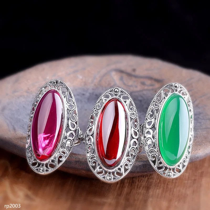 

KJJEAXCMY boutique jewelry Thai Silver 925 Sterling Silver Exaggerated Women's Cut Red Corundum Garnet Green Chalcedony Blue San