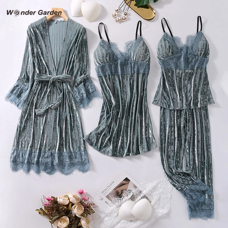 Wonder Garden Fshion Velvet Pajamas Set Woman Warm Sleepwear Letter Printing Casual Three-piece Suit Fall Winter Belt Nightwear