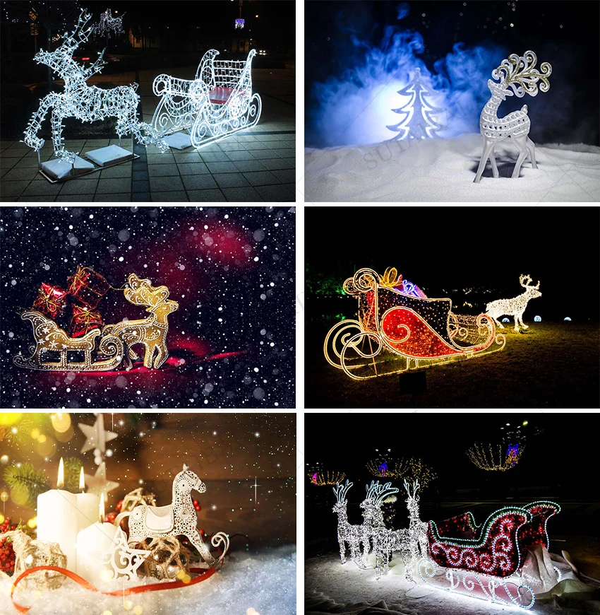 Winter Night Christmas Photography Background Reindeer Sleigh Car Crystal Neon Candles Family Party Photo Background Santa Gifts