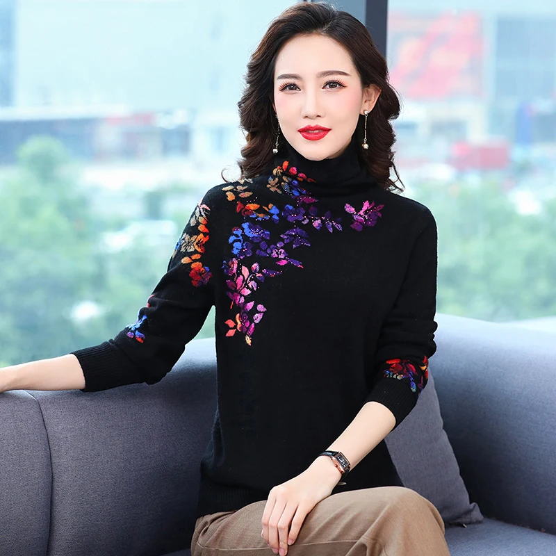 Women\'s Vintage Printing Jumper Winter & Autumn Floral Printed Sweater Elegant Female Flowers Turtleneck Knitwear Pullover Warm