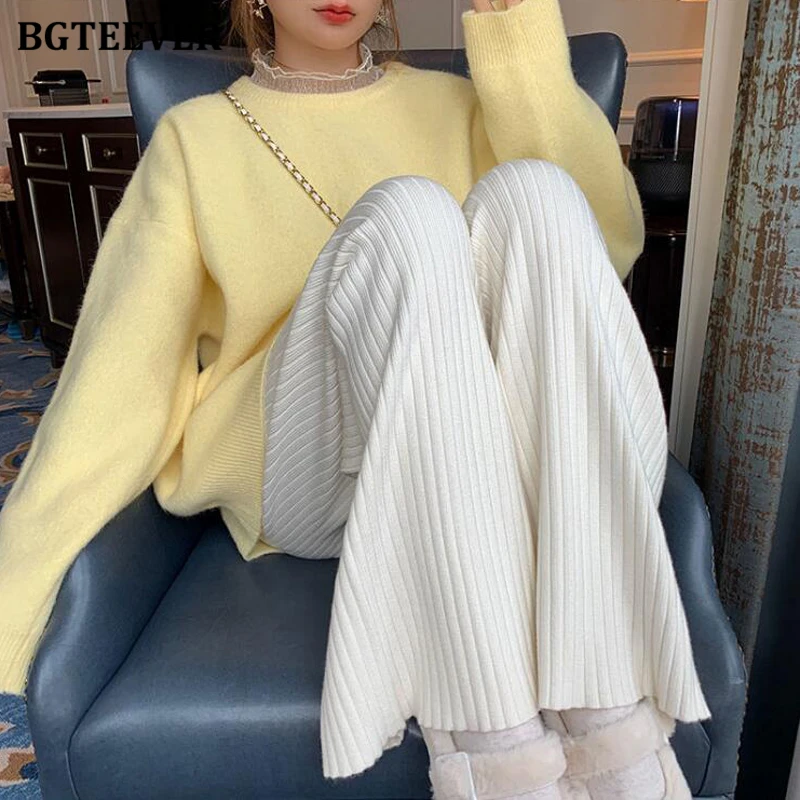 BGTEEVER Elegant Ladies Wide Leg Knitted Pants 2021 Autumn Winter Pantalon Elastic Waist Loose Thick Women Sweater Trousers