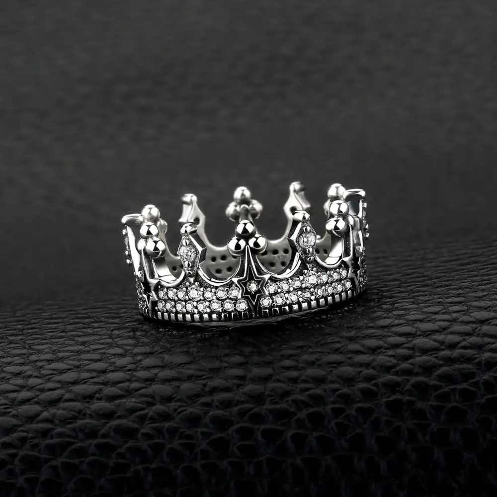 JewelryPalace Vintage Tiara Crown Solid 925 Sterling Silver Cubic Zirconia Cool Star Punk Band Rings for Women Fashion Jewelry