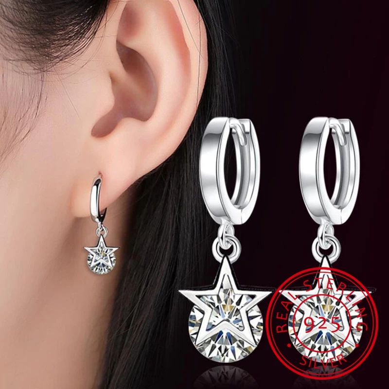 Simple Luxury Fashion 925 stamp silver color Sparkling Zirconia Star Drop Earrings For Women brincos pendientes de prata S-E281