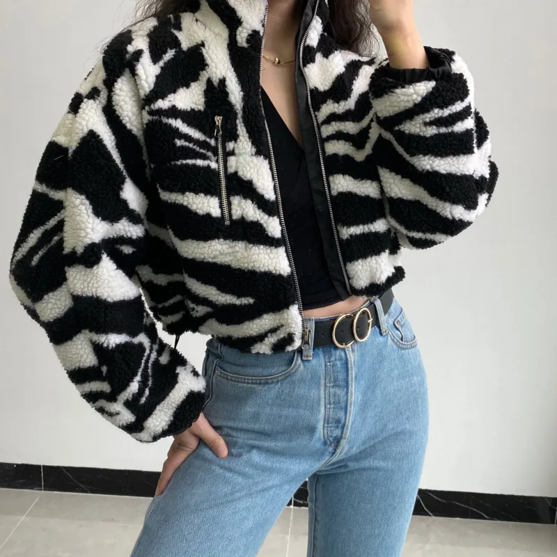 Manteau en laine d'agneau à manches longues, fermeture éclair, en peluche, veste courte chaude, col montant, zèbre, Streetwear, Vintage, hiver
