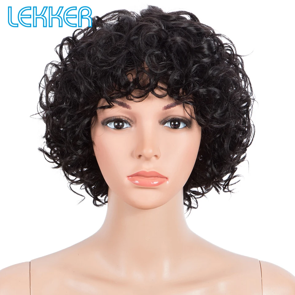 Lekker Court Pixie Cut Kinky Curly Bob avec une frange Perruques de Cheveux Humains Pour Les Femmes Noires Brésiliens Remy Cheveux Naturel Foncé Non