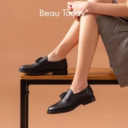 BeauToday Loafers Women Genuine Calfskin Leather Fringes Brogue Round Toe Slip On Ladies Casual Dress Flats Handmade 21047