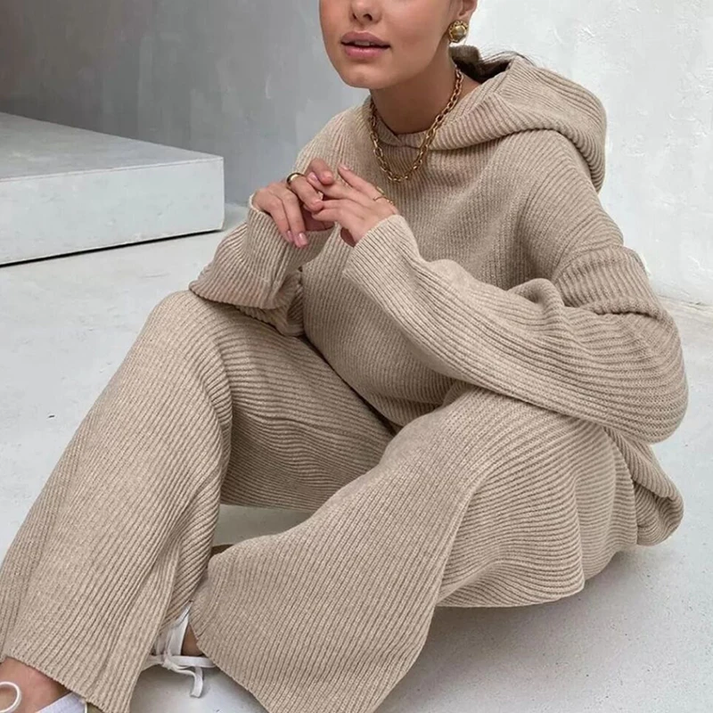 Damskie swetry z dzianiny Casual O Neck And Drawstring Wide Leg Pant Suit Autumn Winter Long Sleeve Homewear Loose   Stroje