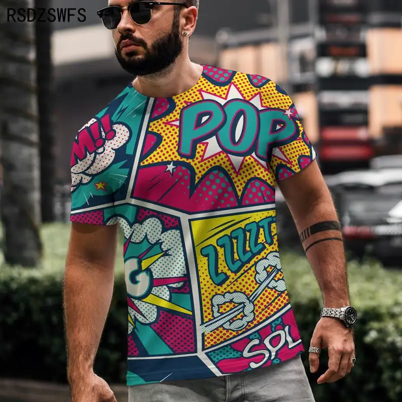 Male Tee tshirt Best design Street trend Graffiti 3D printing letter cartoon geometric stripe elements Leisure Men's T-shirt image 5