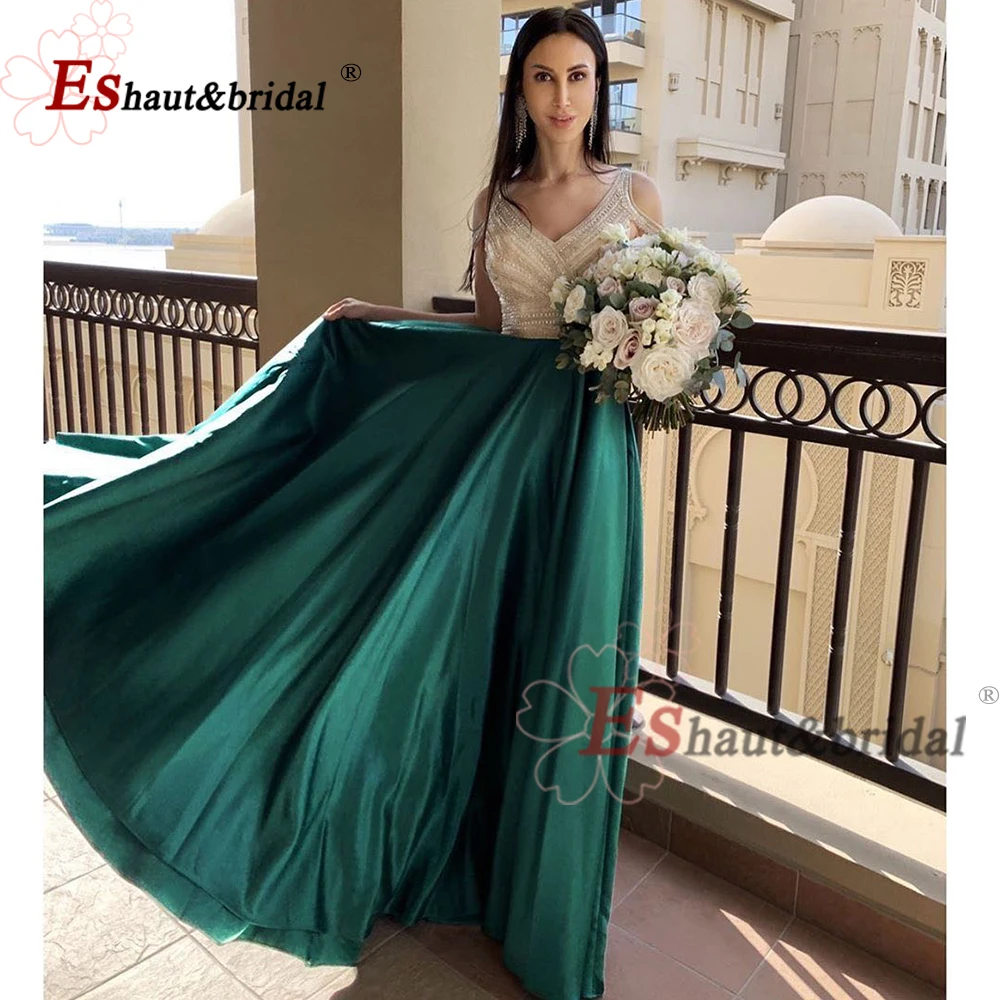 Elegante vestido de noche con cuentas y cuello en V para mujer, Vestido largo de satén con hombros descubiertos, Formal, para fiesta de boda y graduación, 2023