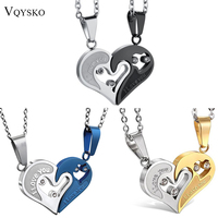 Two Colors Stainless Steel Mens Womens Couple Necklace Pendant Love Heart CZ Puzzle Matching